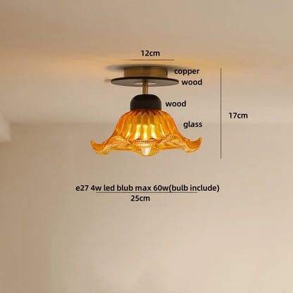DecorBites™ Wood Copper LED Ceiling Light Amber Glass Plafond Lamp