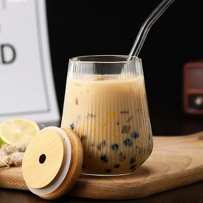 DecorBites™ Glass Cup Set with Lid and Straw for Tea Coffee Juice Beer Milk Mocha