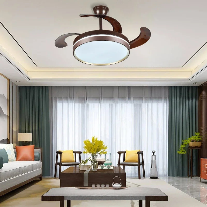 Ventilador de techo DecorBites™ de 42" con iluminación LED moderna en blanco y negro, con control remoto, ideal para comedor o dormitorio.