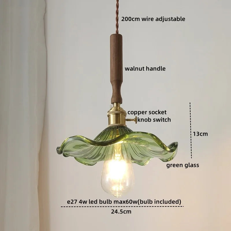 DecorBites™ Green Glass LED Pendent Lamps, Walnut Copper Modern Hanging Light Fixtures