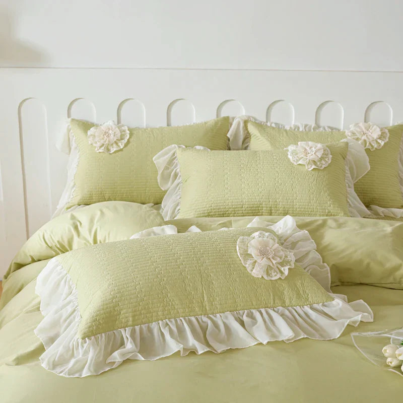 Decobites Princess Style Cotton Bedding Set with Flowers, Lace Ruffles, and Quilted Details