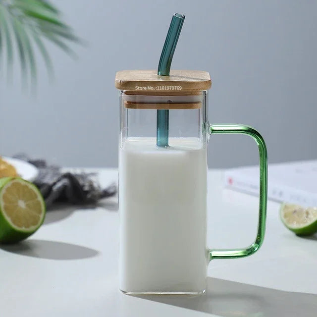 Decorbites™ 350ML Quadratischer Becher mit Deckel & Trinkhalm, farbiges Griffschicht-Trinkglas für Getränke