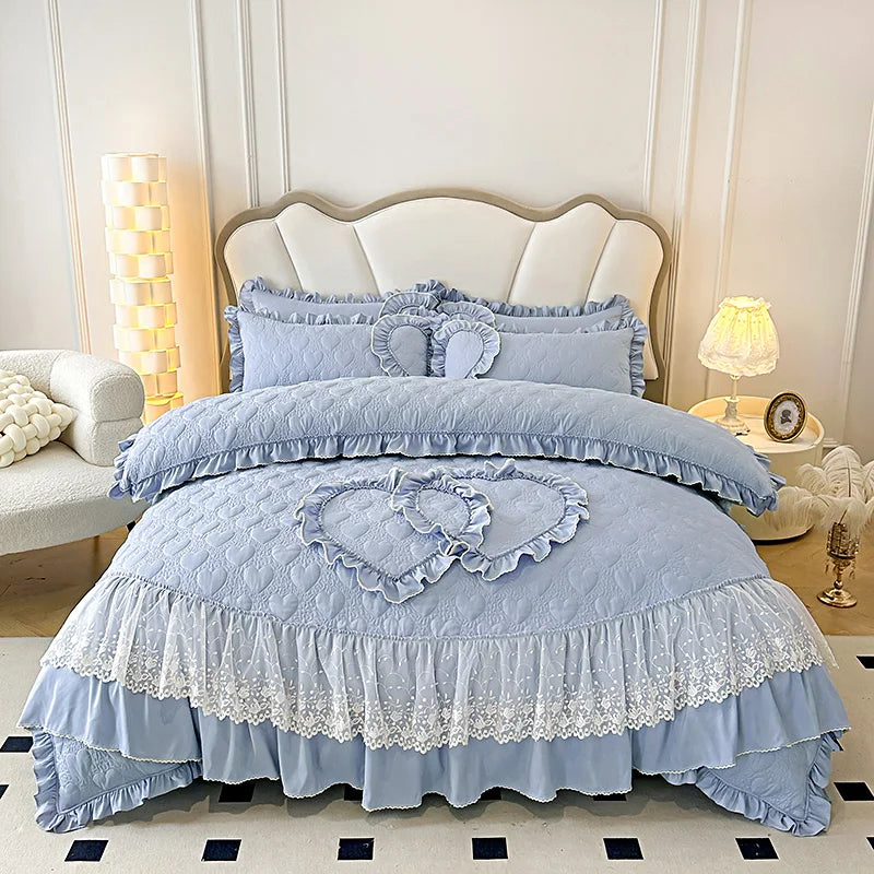 Decobites Korean Princess Style Bedding Set with Lace Ruffles and Love Theme