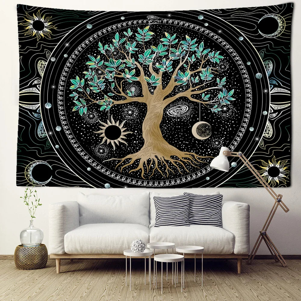 Starry Sky Sun Moon Life Tree Tapestry Decobites Wall Hanging - Boho Hippie Room Decor