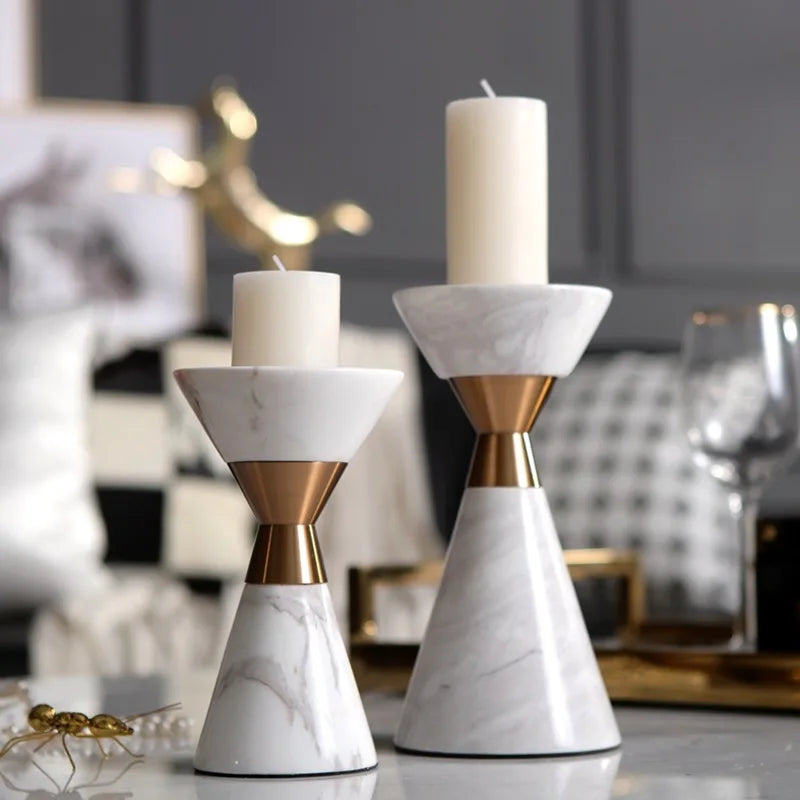 DecorBites™ Golden Metal & White Volakos Marble Wedding Candlesticks
