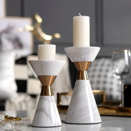 DecorBites™ Golden Metal & White Volakos Marble Wedding Candlesticks
