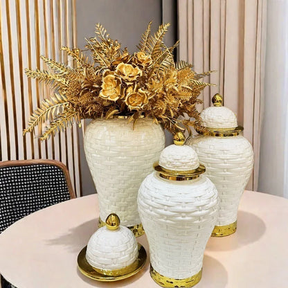 DecorBites™ Golden Flower Vase Ceramic Checkmate Jar Weave Pattern Home Decoration Accessories