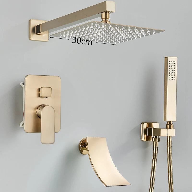 Wall Mounted Concealed Install Brushed Gold Shower Faucets Set Bathroom Shower System Shower Mixer Tap Rainfall Shower Faucet
