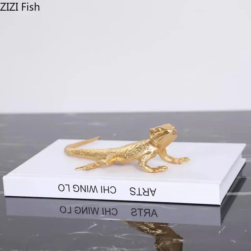 DecorBites™ Golden Lizard Sculpture: Modern Metal Desk Ornament & Room Decor Artwork