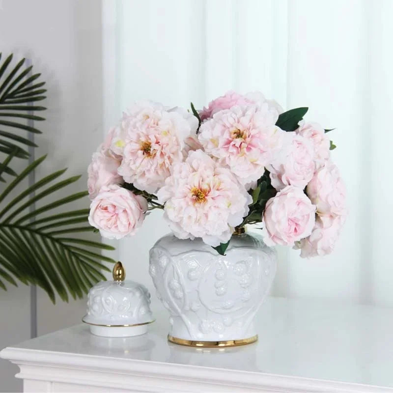 DecorBites™ Embossed Flower Ceramic Ginger Jar Vase - Home Decor Storage Tank