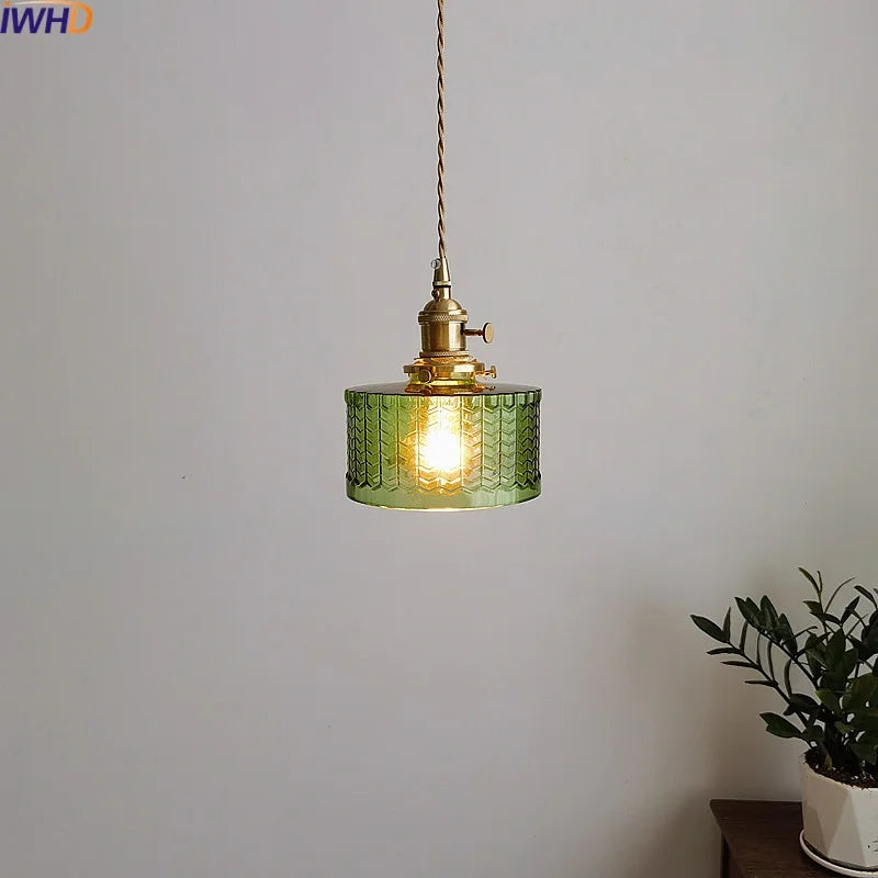 Green Glass LED Pendant Polished Copper Two-Head