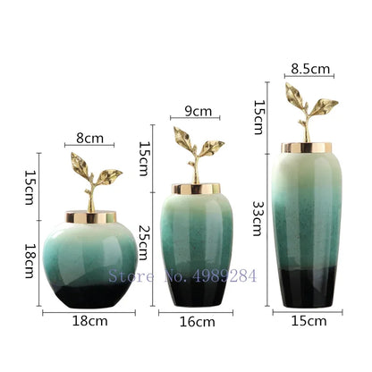 DecorBites™ Gradient Ceramic Vase with Golden Leaves Cover for Modern Home Decor and Weddings