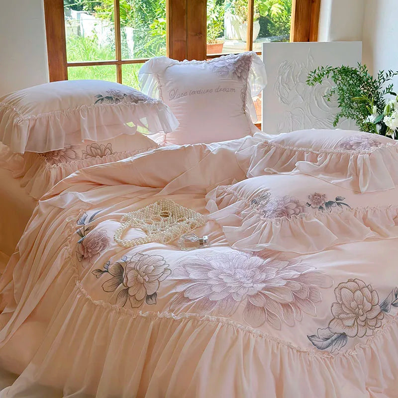 Decobites Pink Flowers Lace Ruffles Princess Bedding Set, 1200TC Egyptian Cotton Duvet Cover