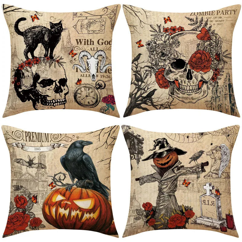 Decorbites™ Halloween-Kissenbezug-Set – Festive Bezüge für Sofakissen mit Druck von Kürbis, Katze und Hexenhut.