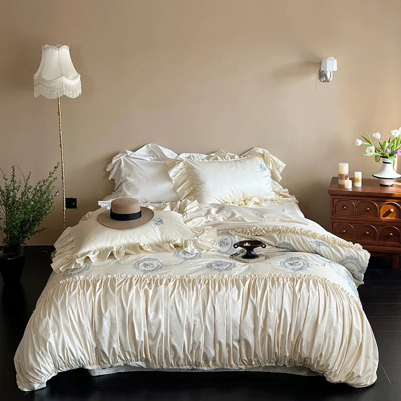 Decobites Rustic Rose Embroidery Bedding Set with Pleated Ruffles in Egyptian Cotton