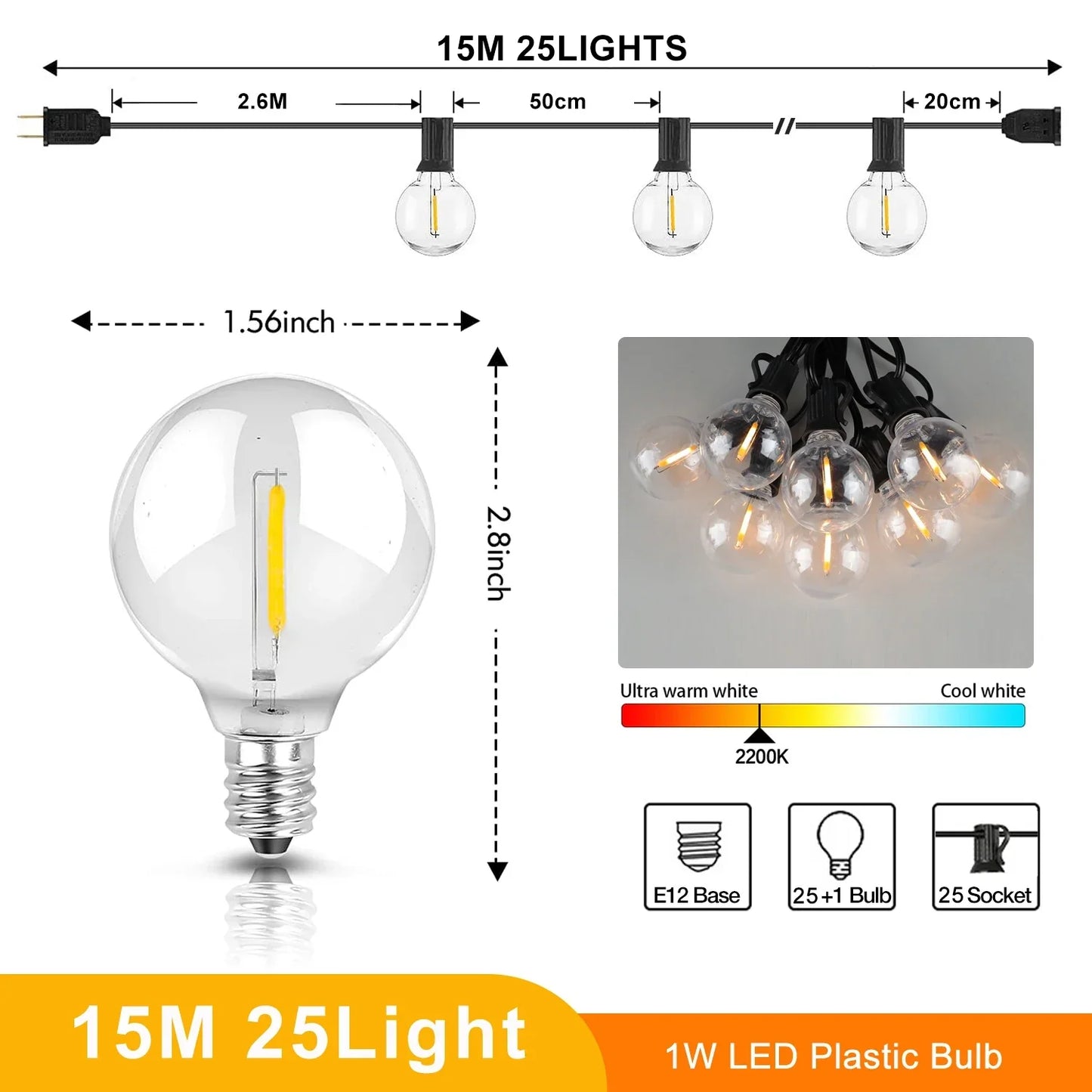 DecorBites™ G40 LED Shatterproof Globe Outdoor Patio String Lights