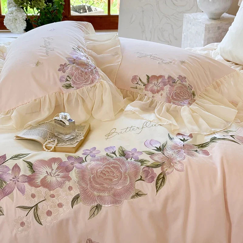 Decobites Flowers Lace Ruffles Wedding Bedding Set 1000TC Egyptian Cotton Duvet Cover Set