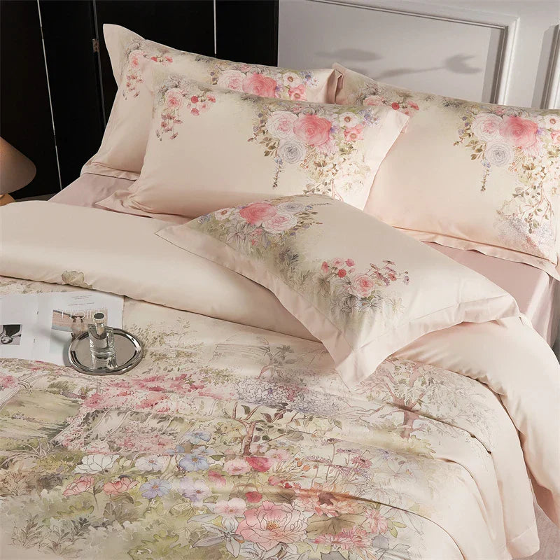 Decobites Flowers Pattern 1000TC Egyptian Cotton Luxury Bedding Set & Silk Duvet Cover