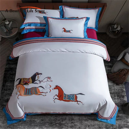 Decobites Galloping Horse 1000TC Egyptian Cotton Bedding Set: Duvet, Sheet, Pillowcases - Soft & Comfy