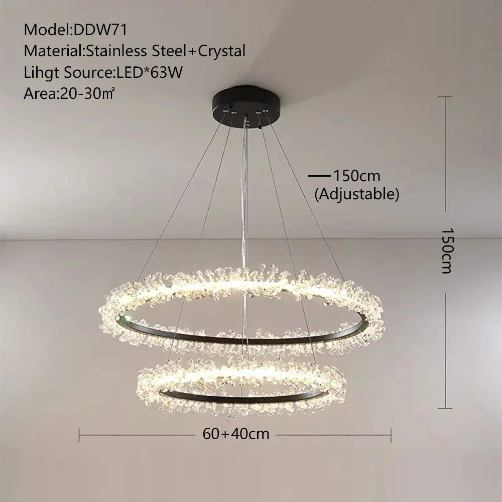 DecorBites™ Crystal Gold/Black Ring LED Chandelier: Minimalist Luxury Hanging Ceiling Light Fixtures