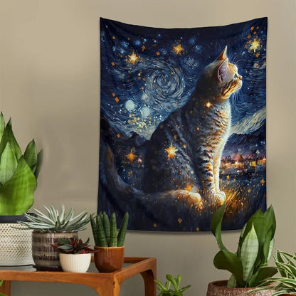 Decobites Starry Night Cat Tapestry: Moon Art Oil Painting Wall Hanging for Boho Home Decor