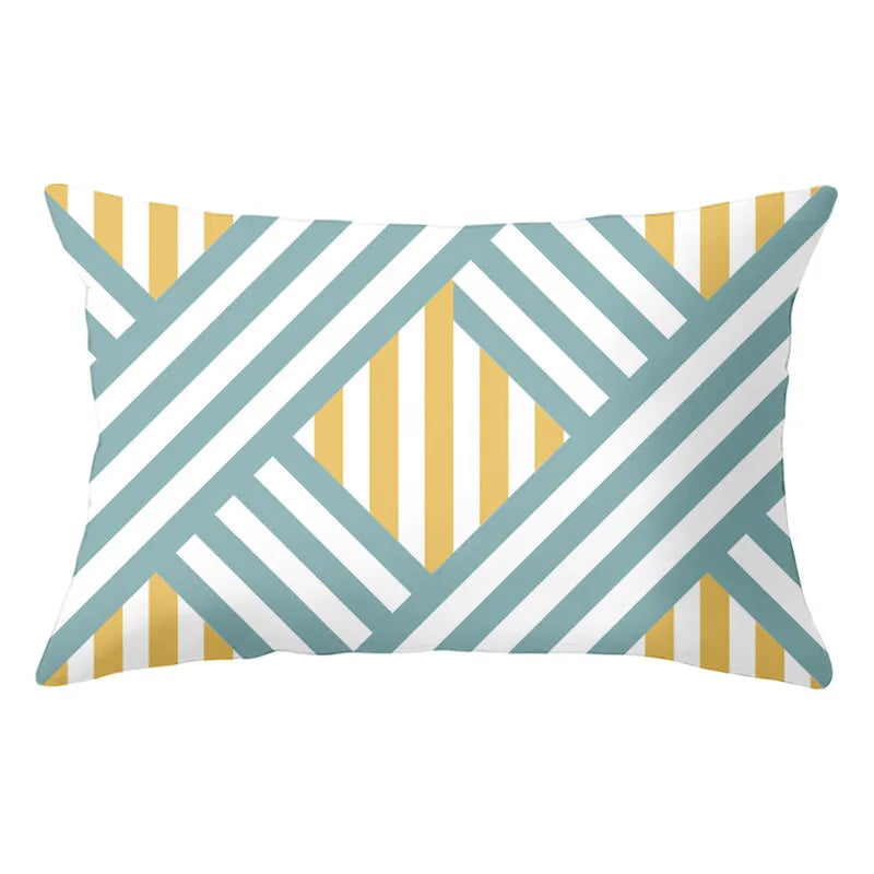 Funda de almohada rectangular curva con rayas geométricas DecorBites™ - Cojines decorativos para sofá en amarillo y azul