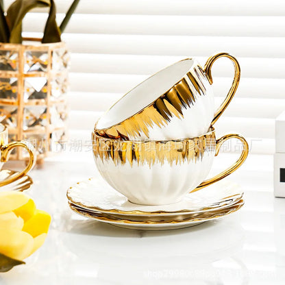 DecorBites™ Golden Ceramic Tea Cup Set, Elegant English Afternoon Tea, High Aesthetic Value
