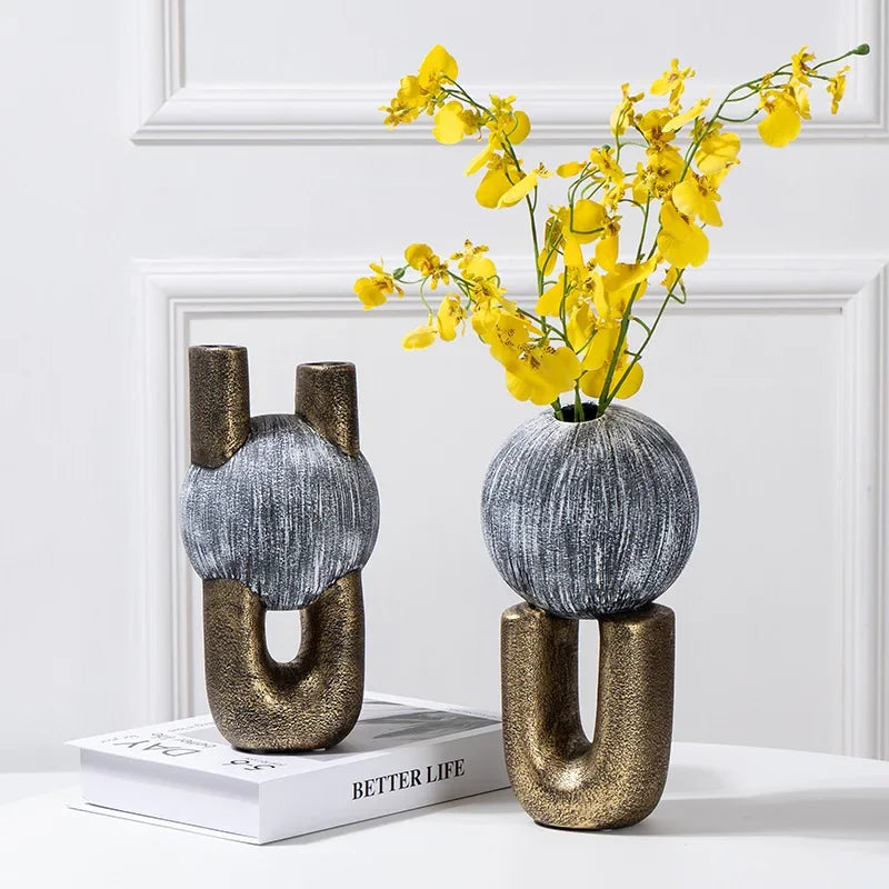 DecorBites™ Golden Stripe Geometric Ceramic Vase - Abstract Floral Arrangement Home Decor