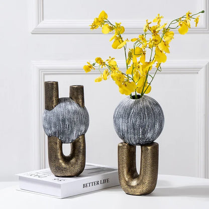 DecorBites™ Golden Stripe Geometric Ceramic Vase - Abstract Floral Arrangement Home Decor