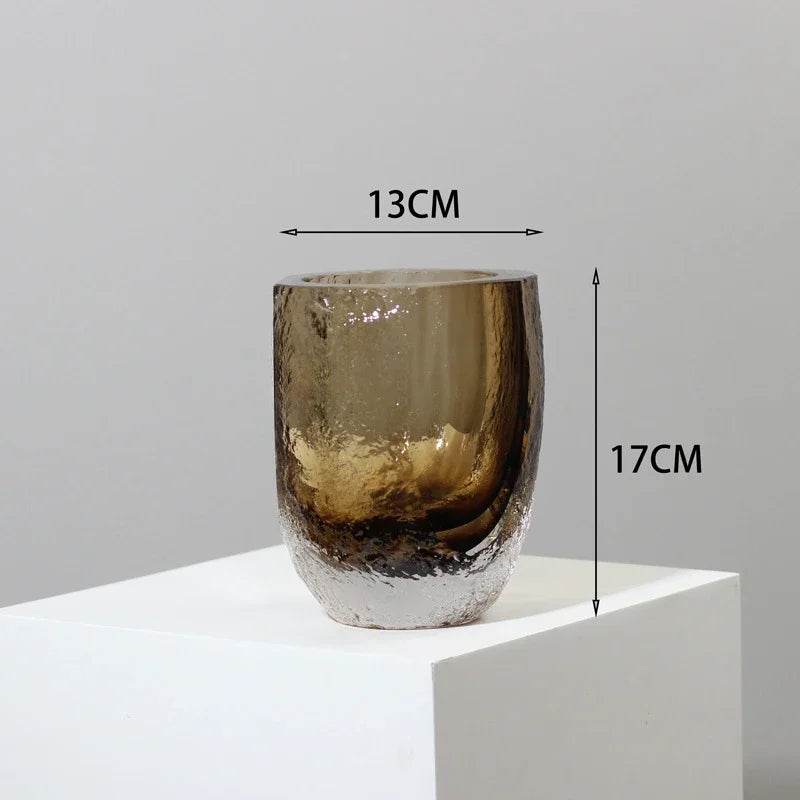 DecorBites™ Brown Glazed Glass Vase Hammer Cut Decorative Handicraft Flower Arrangement Ornaments