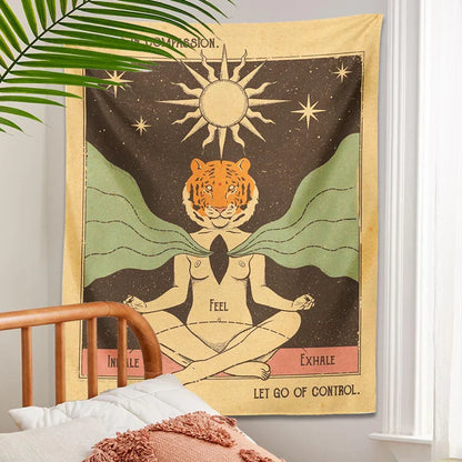 Decobites Sun Tiger Woman Tapestry | Psychedelic Wall Art for Boho Decor & Meditation