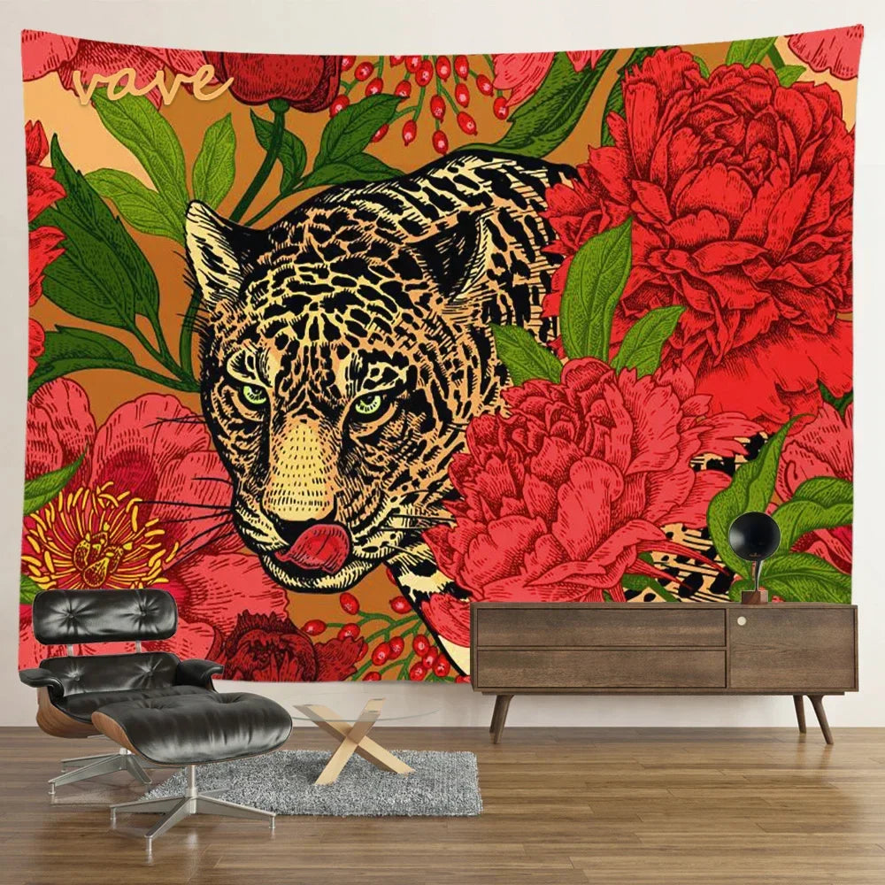 Decobites Psychedelic Tiger Tapestry Wall Hanging - Mysterious Flower Jungle Moon Landscape