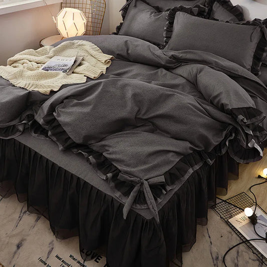 DecorBites™ Korean Bed Skirt Set with Ruffled Edges - Solid, Skin-Friendly Bedding Kit