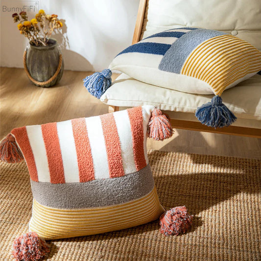 DecorBites™ Knit Stripe Cushion Cover 45x45cm with Blue Pink Tassels for Home Decor