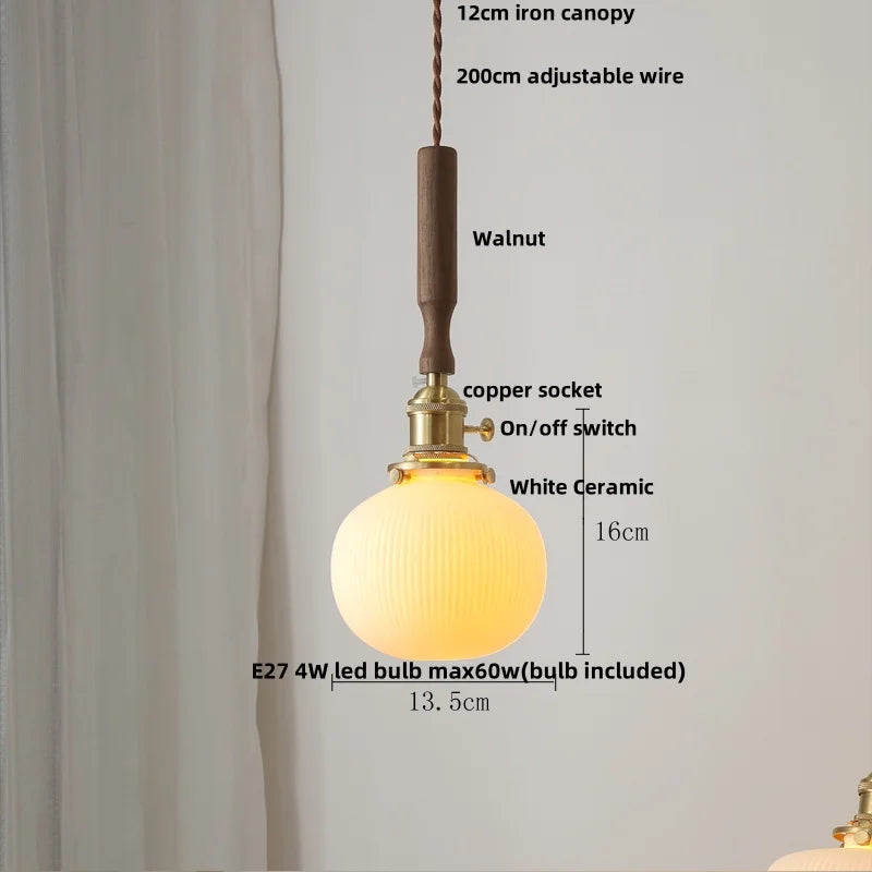 DecorBites™ Ceramic LED Pendant Lamp, Walnut Wood Nordic Hanging Light Fixtures