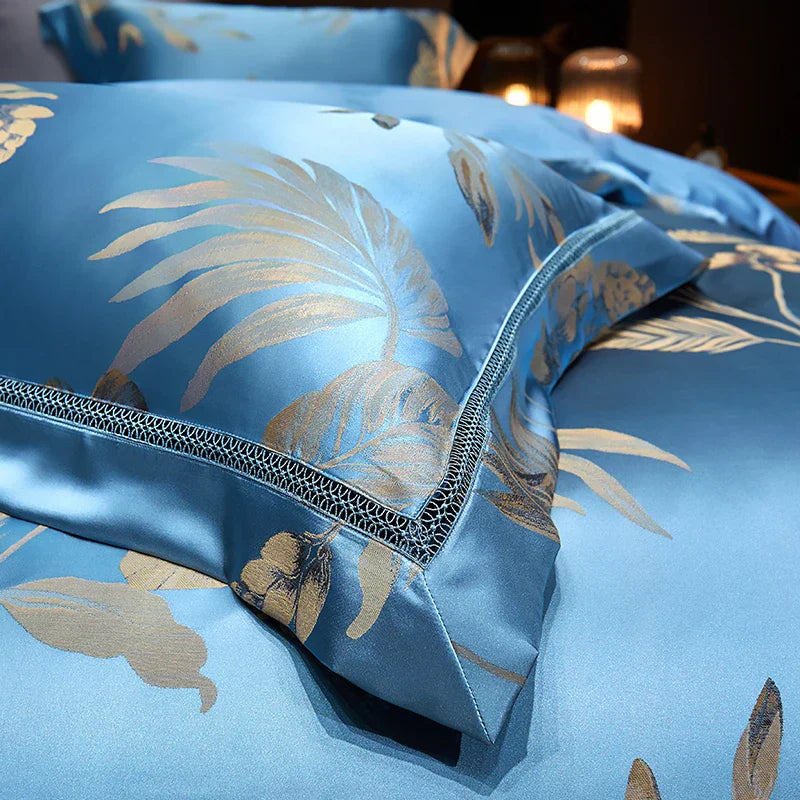DecorBites™ Gold Leaves Jacquard Cotton Bedding Set with Smooth Egyptian Cotton Duvet Cover