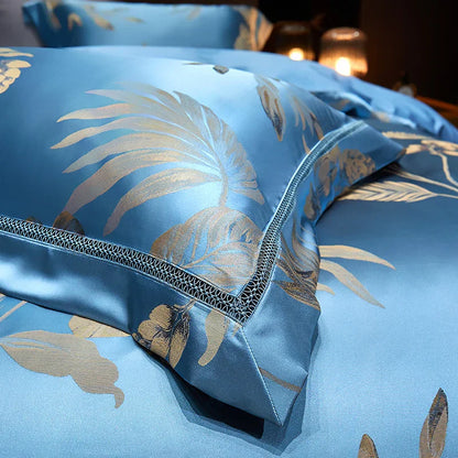 DecorBites™ Gold Leaves Jacquard Cotton Bedding Set with Smooth Egyptian Cotton Duvet Cover