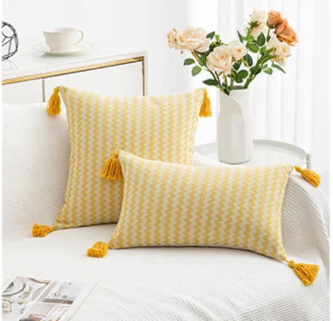 DecorBites™ Jacquard Woven Cushion Cover with Tassels - Modern Minimalist Striped Design