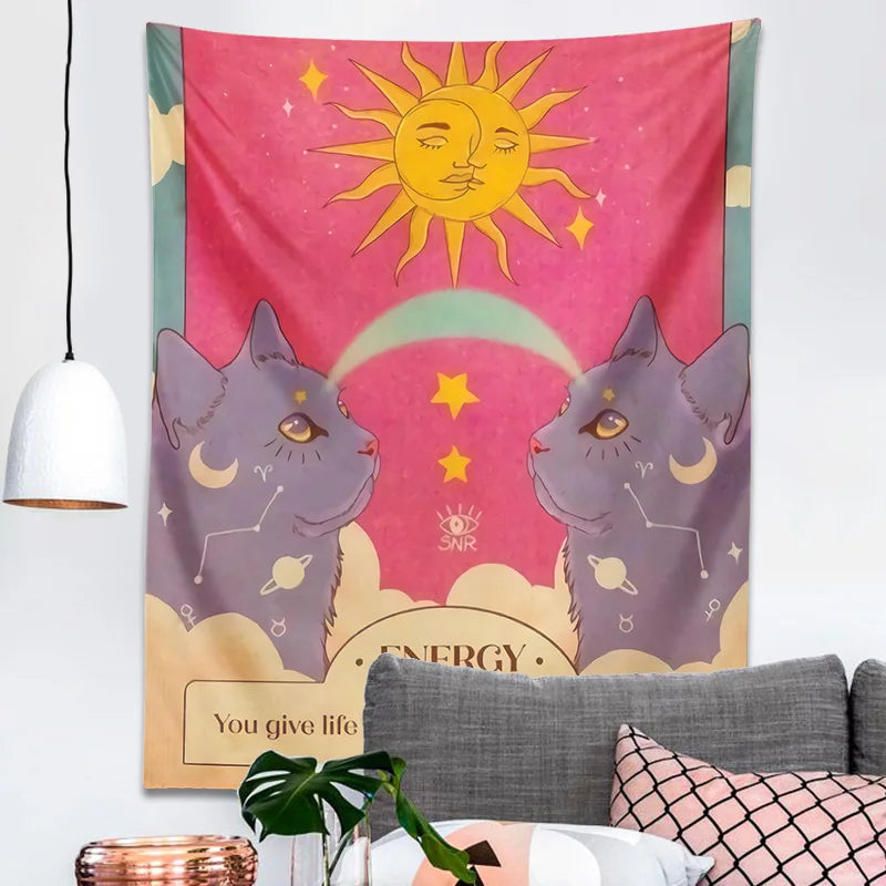 Decobites Tarot Constellation Cat Energy Wall Art Tapestry - Sun Moon Decor