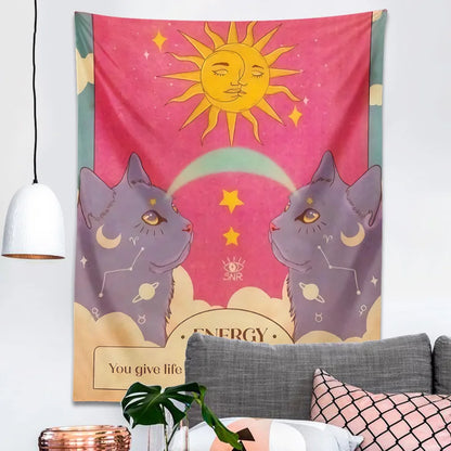 Decobites Tarot Constellation Cat Energy Wall Art Tapestry - Sun Moon Decor