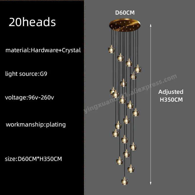 DecorBites™ Black & Gold Crystal Chandelier LED Pendant Light Fixture Loft Staircase Lighting