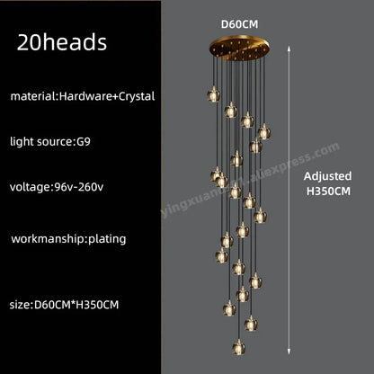 DecorBites™ Black & Gold Crystal Chandelier LED Pendant Light Fixture Loft Staircase Lighting