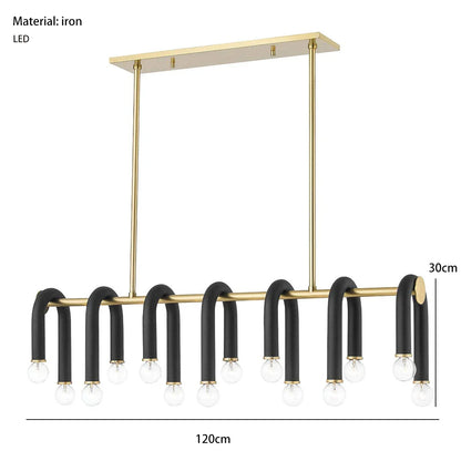 Lámpara de araña DecorBites™ con tubo negro en forma de U y anillo dorado para iluminación de vestíbulo o comedor