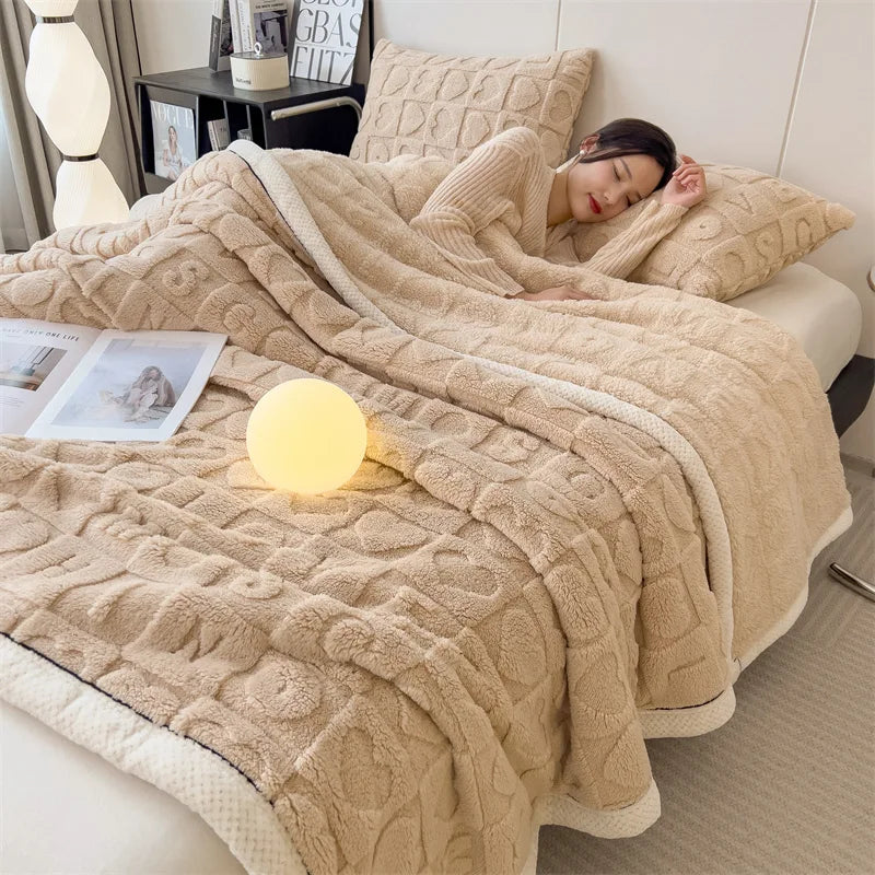 Manta de lana de cordero DecorBites™: Doble cara, grueso forro polar coral, suave y cálida