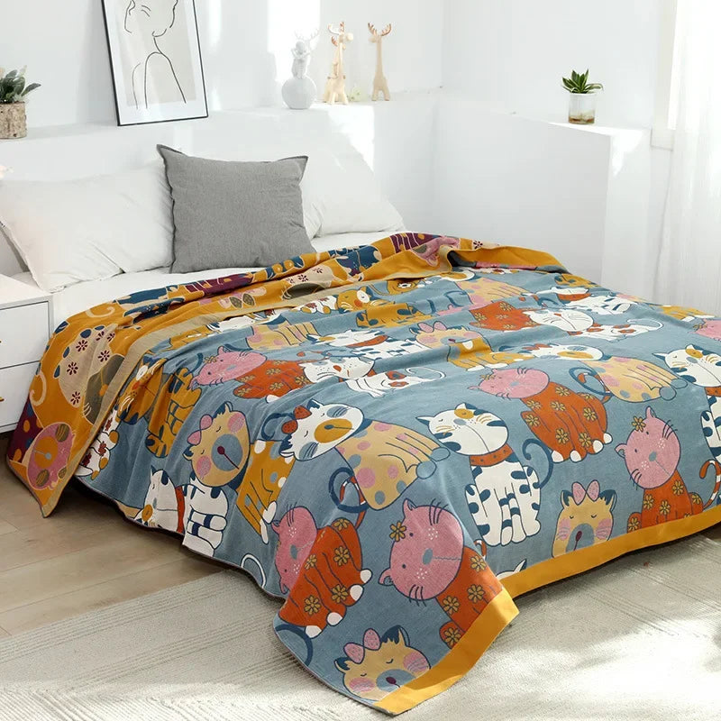 DecorBites™ Cartoon Cat Summer Quilt - 100% Cotton Leisure Blanket