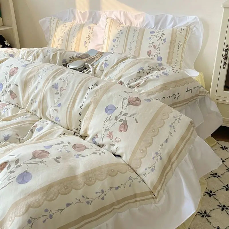 DecorBites™ Korean Lace Bedding Set, Full Double Size, Washed Cotton, Soft Bedclothes
