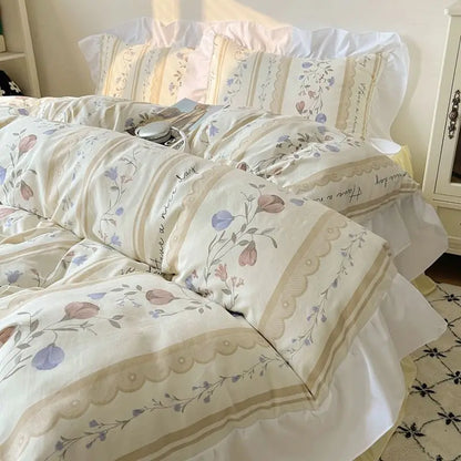 DecorBites™ Korean Lace Bedding Set, Full Double Size, Washed Cotton, Soft Bedclothes
