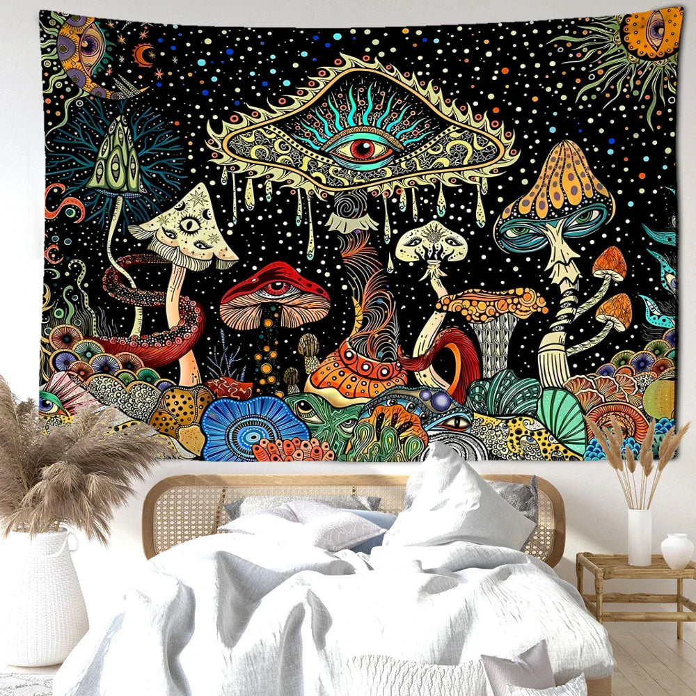 Decobites Colorful Eyes Mushroom Forest Tapestry Wall Hanging Art - Fantasy Abstract Home Decor