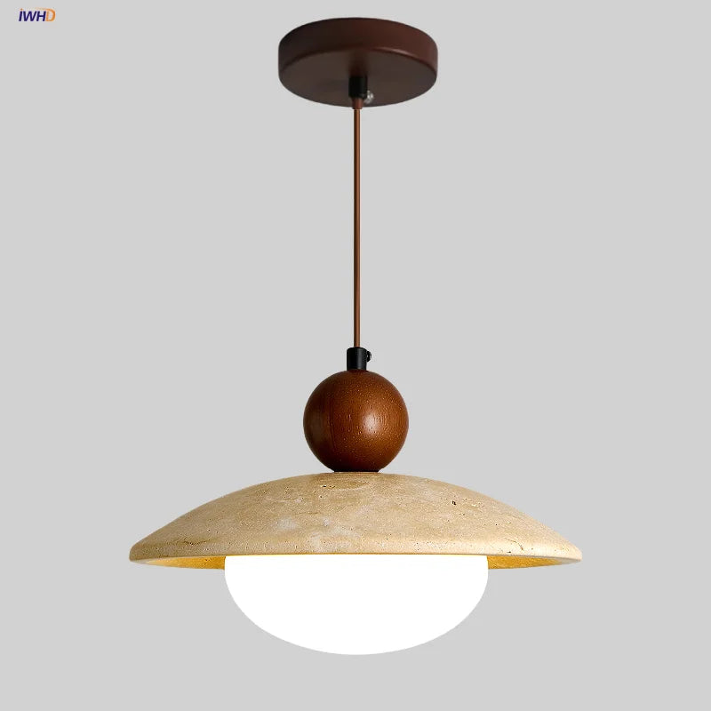 DecorBites™ Globe LED Pendant Light Yellow Travertine Stone White Glass Adjust Hang Lamp
