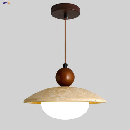 DecorBites™ Globe LED Pendant Light Yellow Travertine Stone White Glass Adjust Hang Lamp